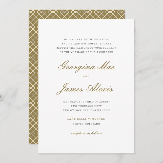 Invitación Boda clásico de guiones negrita dorado y blanco (Anverso / Reverso)