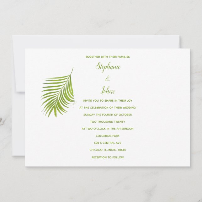 Invitación Boda Clásico de Hoja de Palma Blanca Tropical Verd (Anverso)