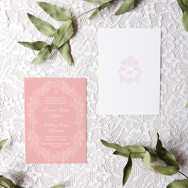Invitación Boda clásico de la época victoriana rosa de Rubor (rococo blush pink wedding invitation with a delicate botanical frame illustration and monogram crest)