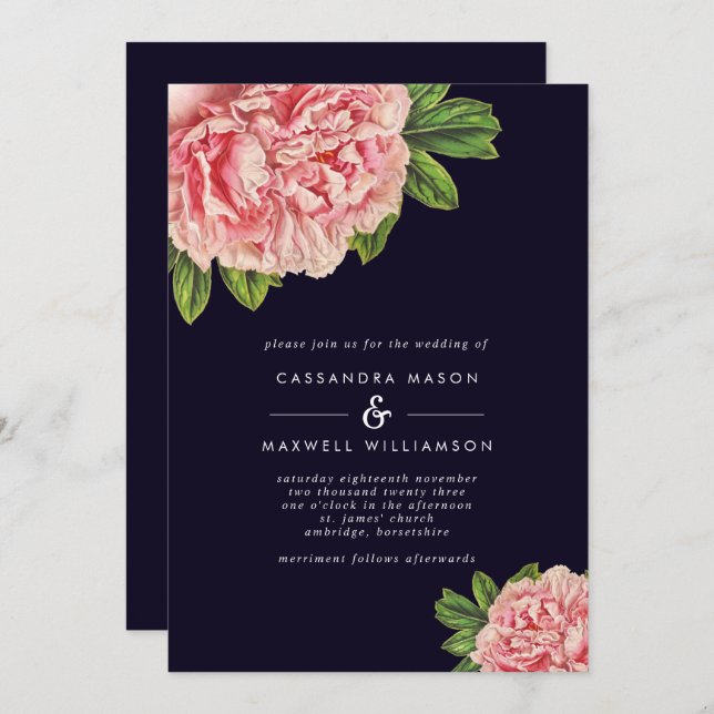 Invitación Boda clásico de la marina y los peones rosados (Anverso / Reverso)