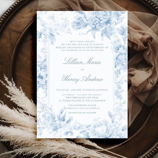 Invitación Boda clásico de la tela azul romántica del Jardín  (vintage garden wedding invitation blue toile french floral romantic old money formal traditional)