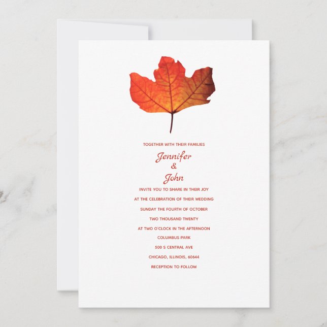 Invitación Boda clásico de maple Naranja quemado por hojas de (Anverso)