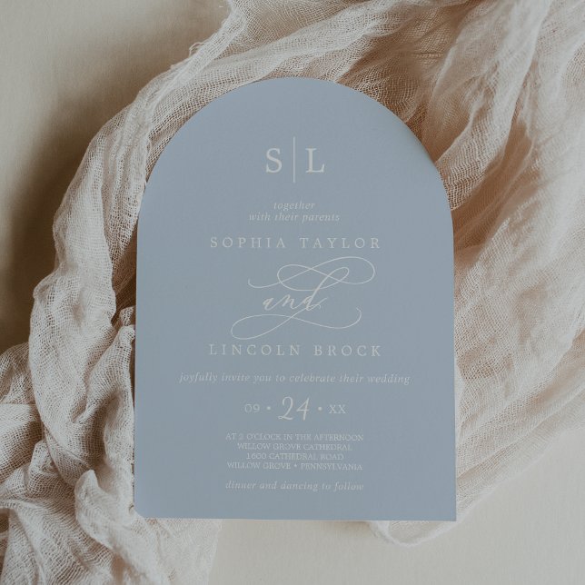Invitación BODA Clásico de Monograma Azul Bebé Arco de SOPHIA (SOPHIA Arch Baby Blue Monogram Classic Wedding Invitation)