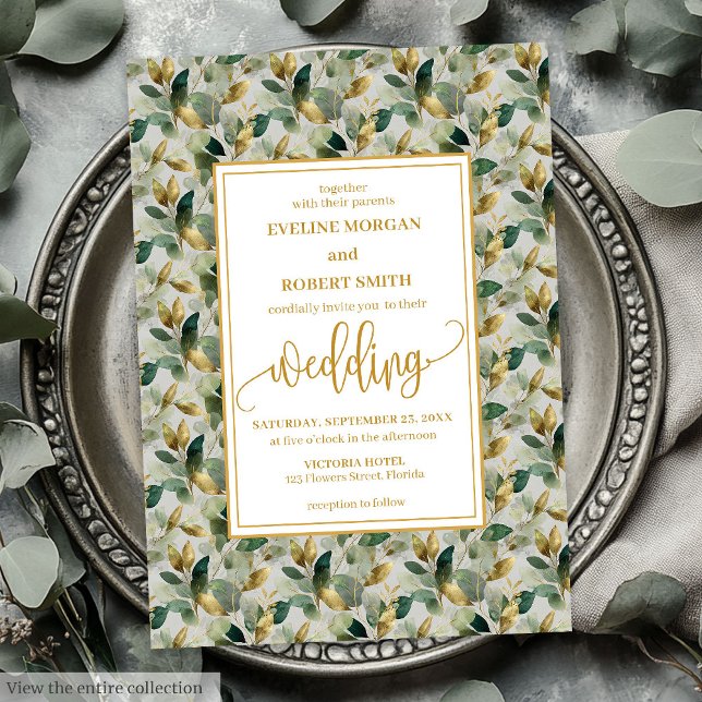 Invitación Boda clásico del Boho Forest Green Gold Eucalyptus (Classic Boho Forest Green Gold Eucalyptus Wedding Invitation)