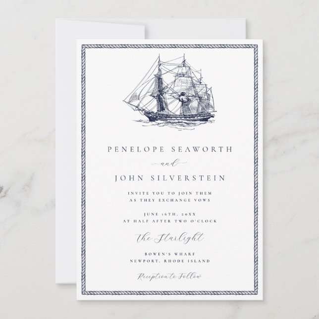 Invitación Boda clásico del marco del barco náutico (Anverso)