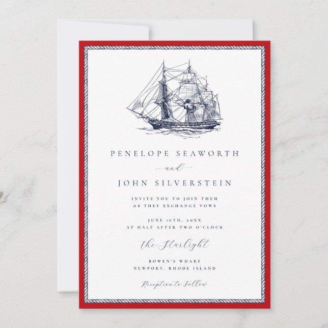Invitación Boda clásico del marco rojo del barco náutico (Anverso)