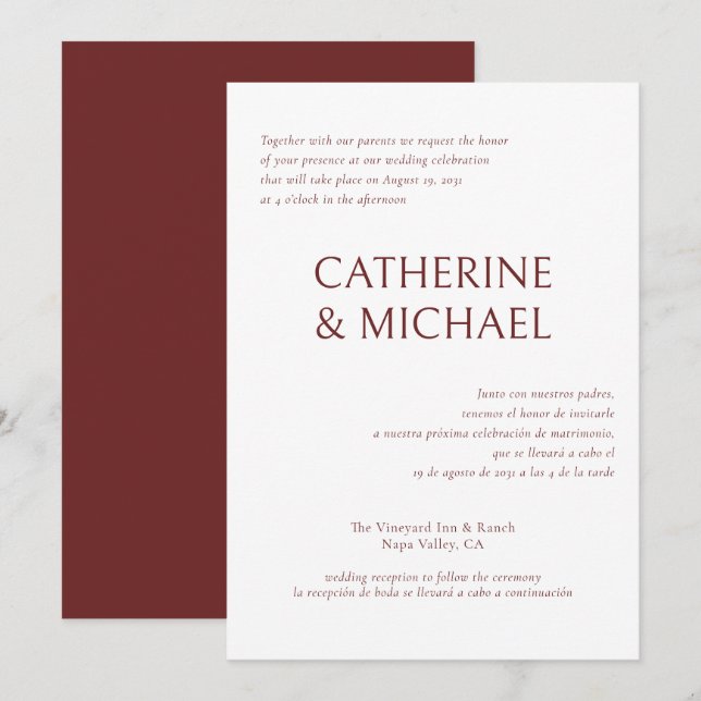 Invitación Boda clásico elegante bilingüe español (Anverso / Reverso)