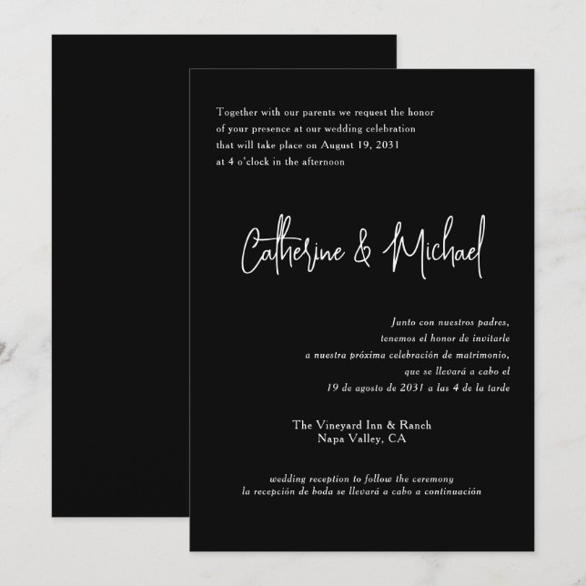 Invitación Boda clásico elegante bilingüe español (Anverso / Reverso)
