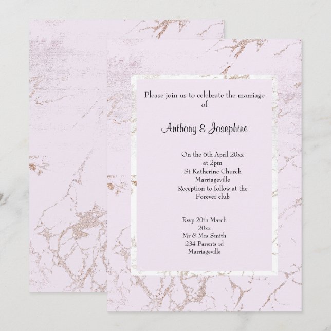 INVITACIÓN BODA CLÁSICO ELEGANTE DE MÁRMOL ROSA DULCE (Anverso / Reverso)
