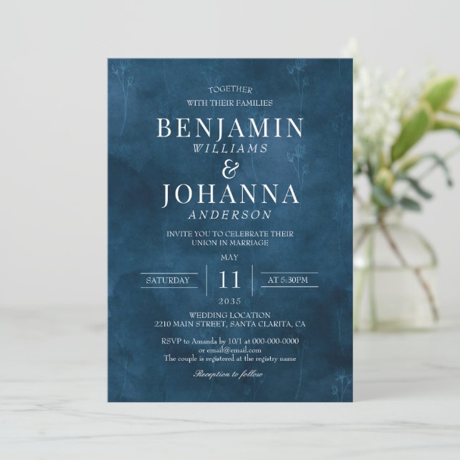 Invitación Boda Clásico Elegante Floral Blue Watercolor (Anverso de pie)