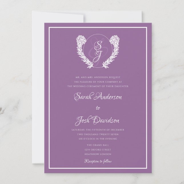 Invitación Boda Clásico Elegante Monograma Floral Lavanda (Anverso)