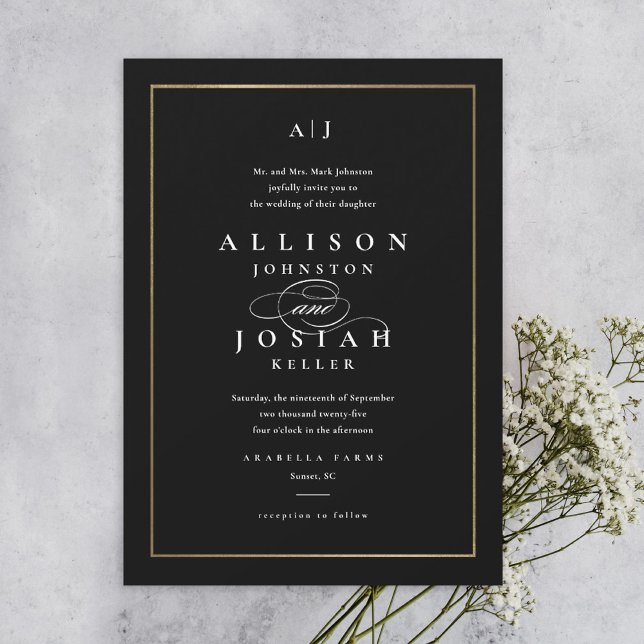 Invitación Boda clásico elegante negro y oro (Subido por el creador)