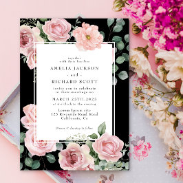 Invitación Boda clásico floral de acuarela negra y rosa