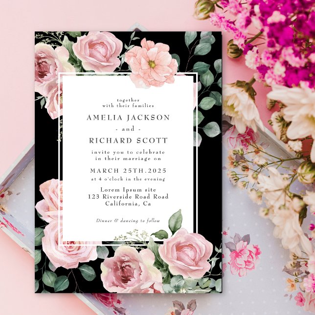Invitación Boda clásico floral de acuarela negra y rosa (Subido por el creador)