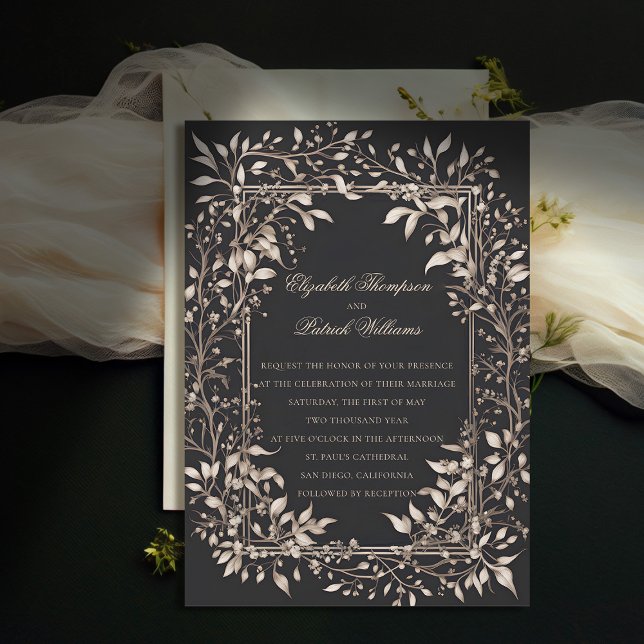 Invitación Boda clásico formal botánico Moody Forest (moody forest wedding invitation botanical frame black white vintage elegant classic traditional)