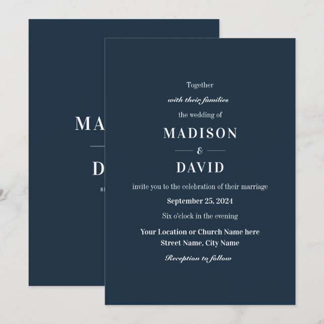 Invitación Boda Clásico Mínimo de la Marina Moderna (Anverso / Reverso)