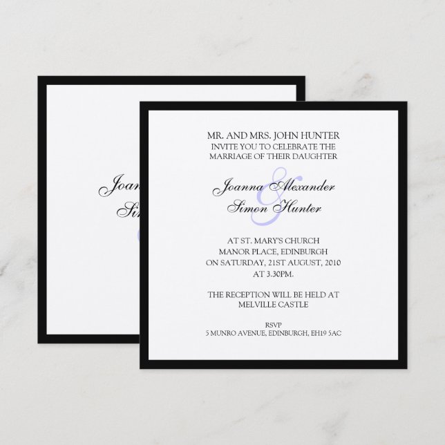 Invitación Boda clásico negro y plateado (Anverso / Reverso)