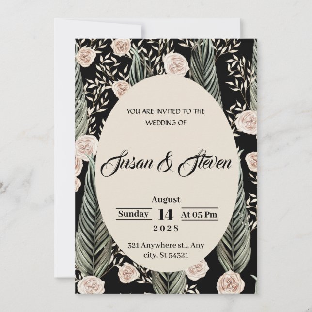Invitación Boda clásico, rosas rosadas, beige, follaje verde (Anverso)