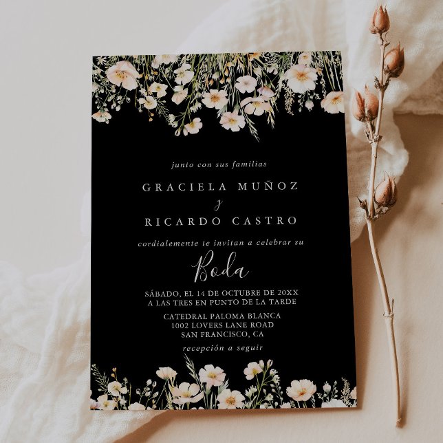 Invitación Boda clásico Rubor Wildflower Black Spanish (Subido por el creador)