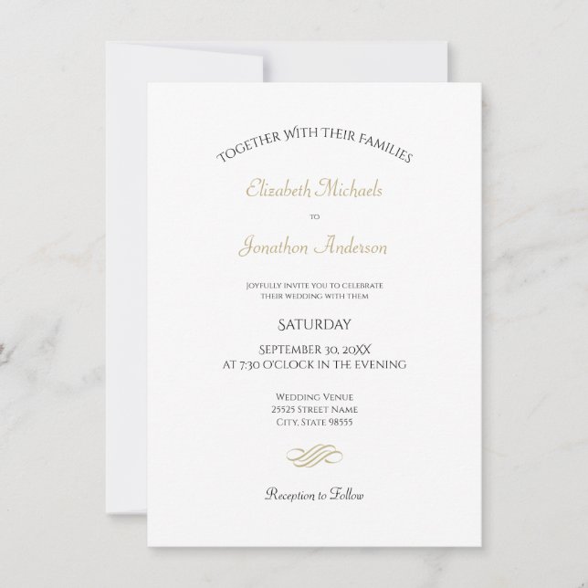 Invitación Boda clásico simple y sencillo blanco y dorado (Anverso)