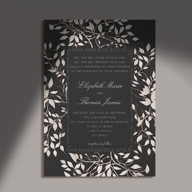 Invitación Boda clásico tradicional de follaje forestal de Mo (moody forest wedding invitation botanical frame black white elegant classic traditional parents)
