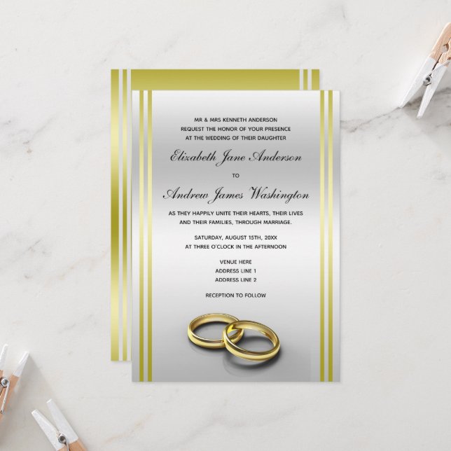 Invitación Boda Classy Gold & Silver, Anillos Bodas (Anverso/Reverso In Situ)