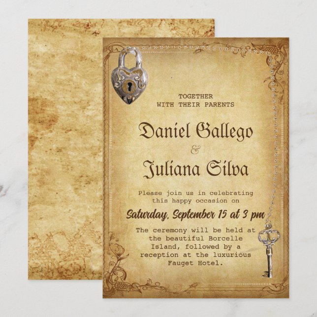 Invitación Boda clave de esqueleto gótico vintage (Anverso / Reverso)