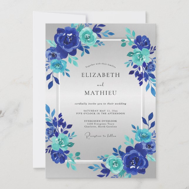 Invitación Boda Cobalt Aqua Bloom (Anverso)