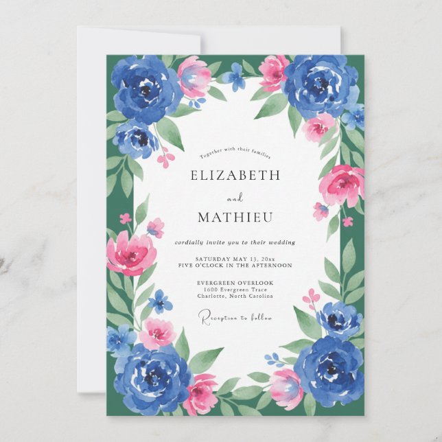 Invitación Boda Cobalt Fuchsia Frondosa (Anverso)