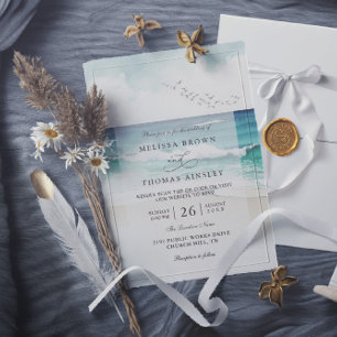 Invitación Boda Código QR Acuarela Arena Mar Playa Costera