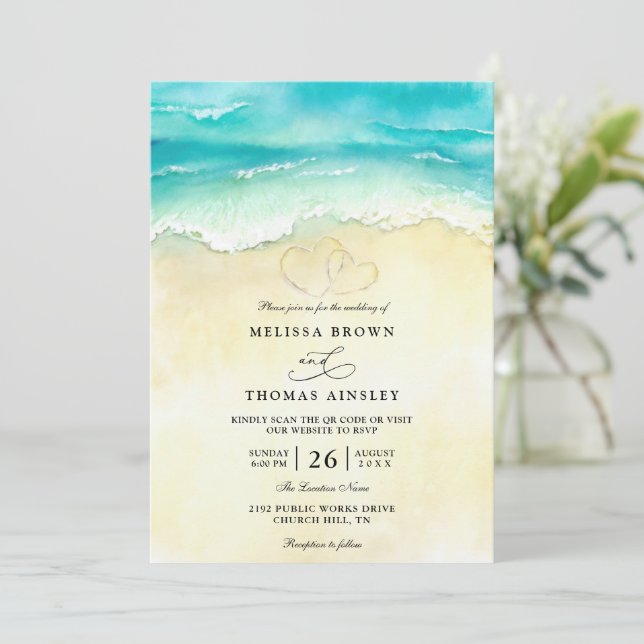Invitación Boda Código QR Acuarela Corazón Playa Tropical (Anverso de pie)