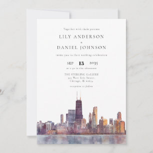 Invitación Boda Código QR Acuarela del horizonte de Chicago
