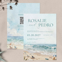 Invitación Boda Código QR Acuarela Playa Verano Cielo Azul