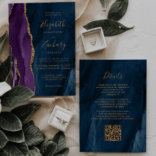 Invitación Boda Código QR Ágata Azul Marinho Oro Púrpura