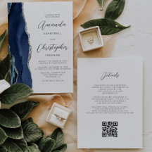 Boda Código QR Ágata Azul Marino Plata
