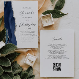 Invitación Boda Código QR Ágata Azul Marino Plata