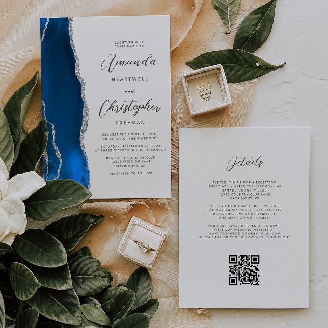 Invitación Boda Código QR Ágata Azul Real Plata (Subido por el creador)