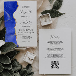 Invitación Boda Código QR Ágata Dorada Azul Real