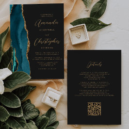 Invitación Boda Código QR Agata Dorada Azul Verde Oscuro