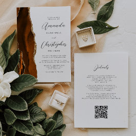 Invitación Boda Código QR Ágata Dorada Naranja Quemada