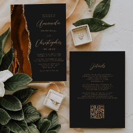 Invitación Boda Código QR Ágata Dorada Naranja Quemada Oscura