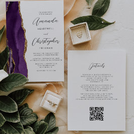 Invitación Boda Código QR Ágata Dorada Púrpura