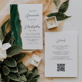 Invitación Boda Código QR Ágata Dorada Verde Esmeralda