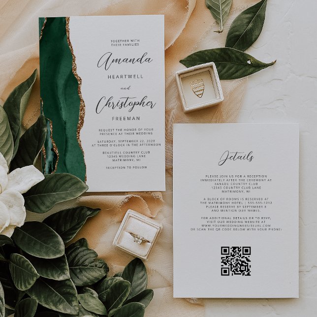 Invitación Boda Código QR Ágata Dorada Verde Esmeralda (Subido por el creador)