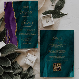 Invitación Boda Código QR Ágata Dorada Verde Purpura
