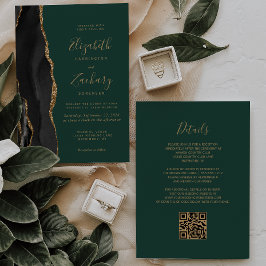 Invitación Boda Código QR Agata Esmeralda Verde Oro Negro