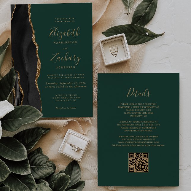 Invitación Boda Código QR Agata Esmeralda Verde Oro Negro (Subido por el creador)