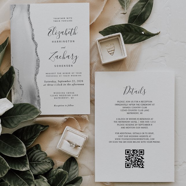 Invitación Boda Código QR Ágata Gris Blanco Plateado Moderno (Subido por el creador)