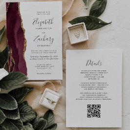 Invitación Boda Código QR Ágata Oro Burgundy Moderno