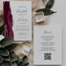 Boda Código QR Ágata Plateada Burgundy Moderna